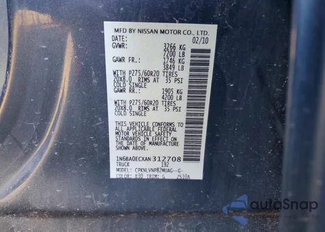 2010 Nissan Titan Xe из США, поврежденный, VIN 1N6BA0ECXAN312708